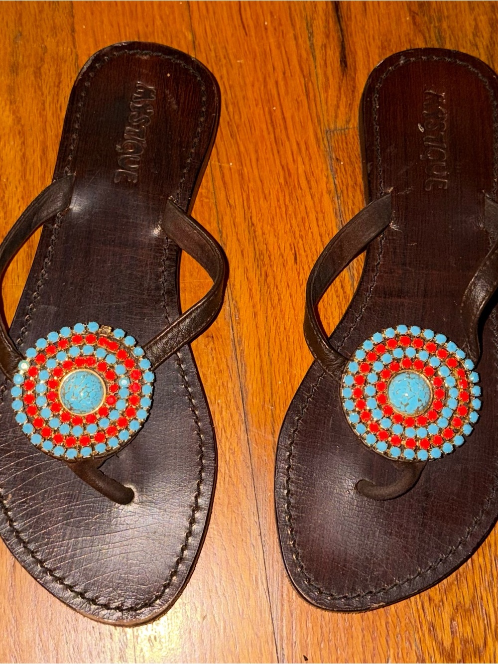 Mystique Brown Leather Beaded Thong Sandals - Turquoise & Red